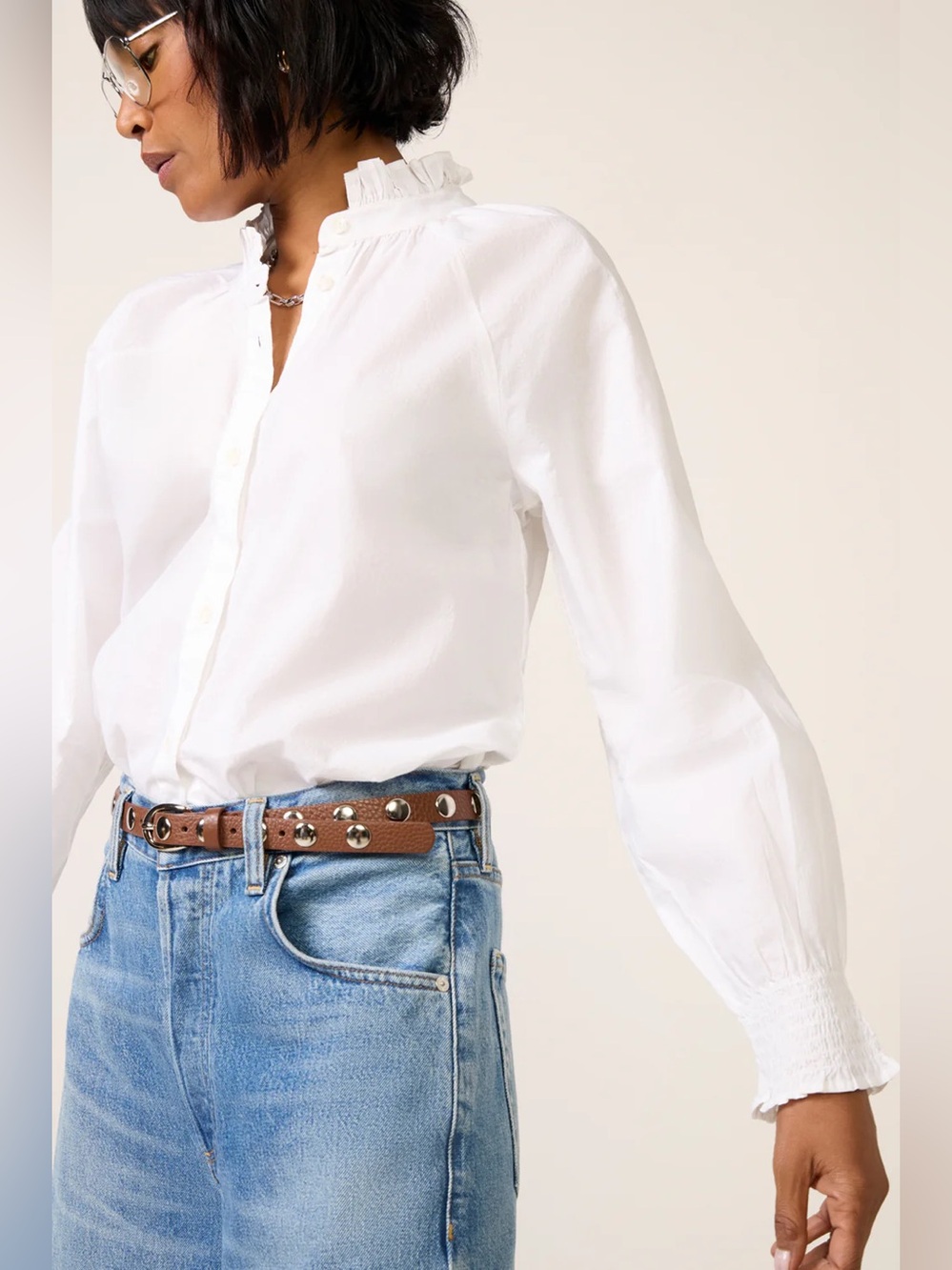 bobi White Button-Down Shirt with Ruffle Neck Sz S